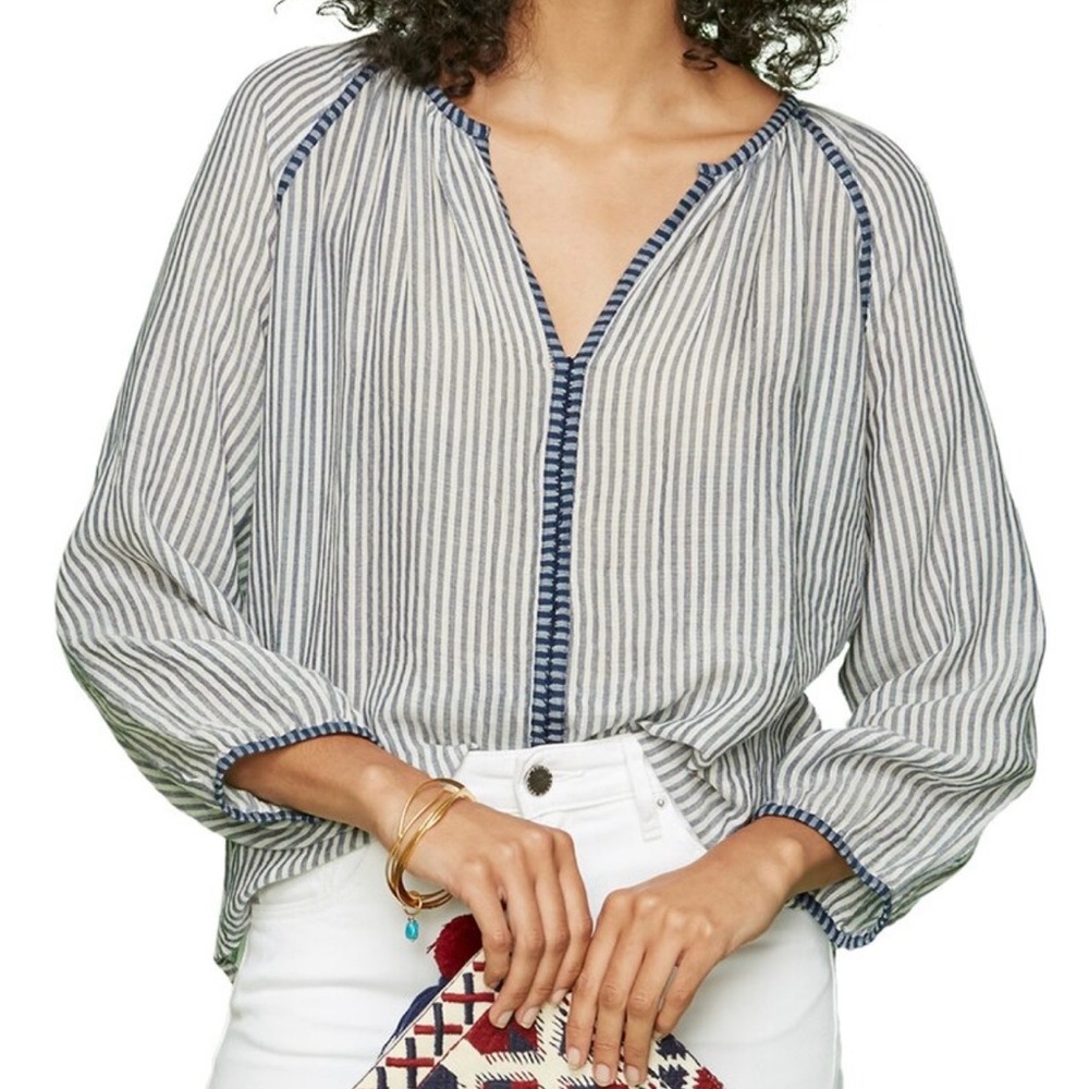 Brand New Roller Rabbit Yarn Dye Stripe Lucy Blouse in Ivory/Blue Stripe XSmall
